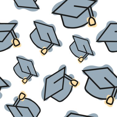 Mezuniyet başlığı simgesi ile kusursuz desen, çizgi sanatı stili ve soyut renk beneklerini birleştirerek, okul baskısı, tekstil veya diğer çeşitli tasarımlar için rastgele düzenlenmiş.