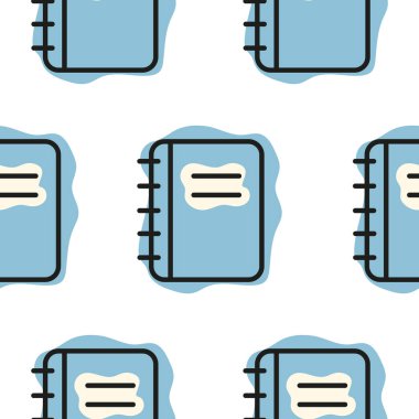 Okul baskısı, tekstil veya diğer çeşitli tasarımlar için, okul mavi defter simgesi, çizgi sanat tarzı ve soyut renk noktalarını birleştiren desen