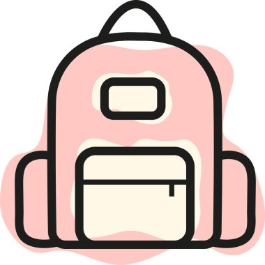 Okul baskısı, tekstil veya diğer çeşitli tasarımlar için, pembe okul sırt çantasının basit bir özgün simgesi, çizgi sanatı stili ve soyut renk noktalarını birleştirme