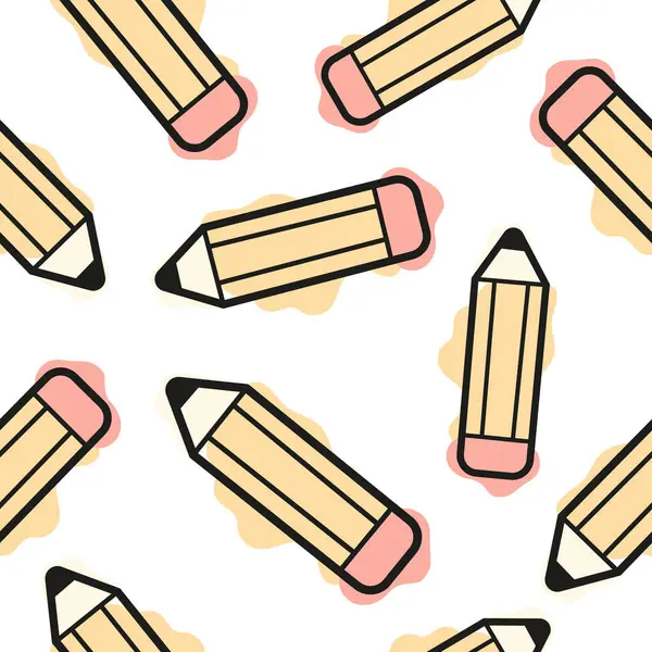 Kırtasiye simgeleriyle kusursuz desen, yani sarı kalem, çizgi sanatı stili ve soyut renk beneklerini birleştirerek, okul baskısı, tekstil veya diğer çeşitli tasarımlar için rastgele dizayn edilmiş.