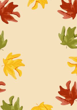 Sonbahar yapraklı dikey poster, yani çok renkli akçaağaç yaprakları sarı arka planda katlanmış, sonbahar desenleri, kartpostallar veya web siteleri için