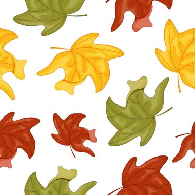 Sonbahar yapraklarının kusursuz deseni, yani çok renkli akçaağaç yaprakları, sonbahar desenleri, kartlar veya web siteleri için yana doğru bükülür.