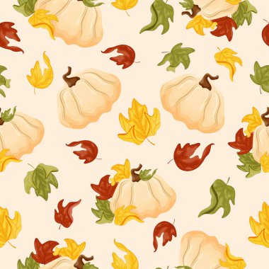 Kahverengi zemin üzerinde akçaağaç yaprakları olan yuvarlak beyaz balkabaklarının pürüzsüz deseni, sonbahar tekstil, ambalaj veya kartlar için