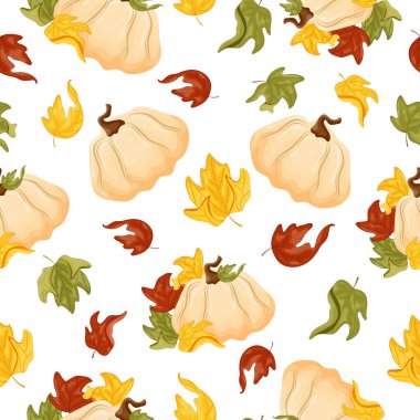 Sonbahar tekstil, ambalaj ya da kartlar için renkli sonbahar akçaağaç yapraklı yuvarlak beyaz balkabakları deseni