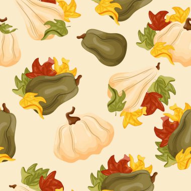 Farklı şekillerde yuvarlak balkabakları ve yanında renkli sonbahar yaprakları bulunan düz bir desen, sonbahar tasarımları, kartlar veya ambalajlar için.