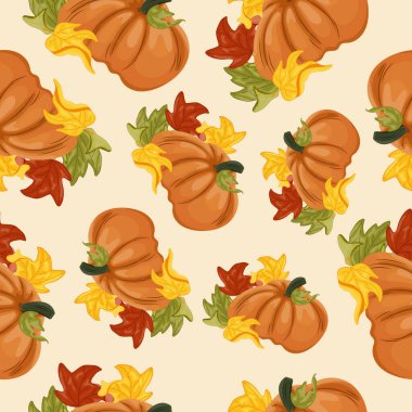 Yuvarlak turuncu balkabağı ve rengarenk sonbahar yapraklarıyla, sonbahar tasarımları, kartlar ya da ambalajlar için yumuşak bir desen.