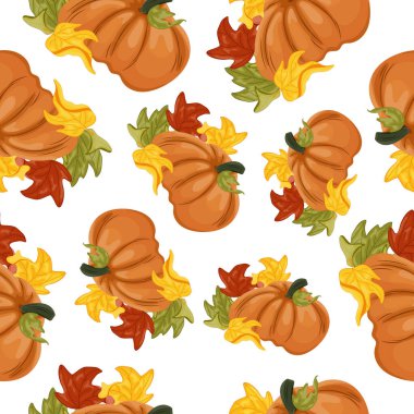 Yuvarlak turuncu bir balkabağı ve yanında renkli sonbahar yapraklarıyla, sonbahar tasarımları, kartlar veya ambalajlar için düz bir desen.