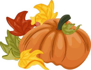 Yuvarlak turuncu bir balkabağı ve yanında renkli sonbahar yaprakları olan düz stil ikonu, sonbahar tasarımları, kartlar veya ambalajlar için