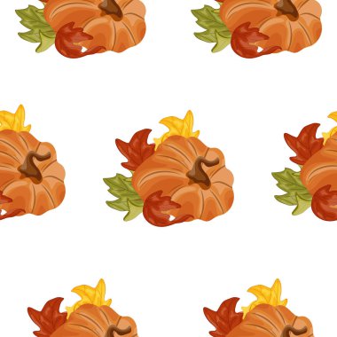 Kıvrık kuyruklu yuvarlak turuncu bir balkabağı ve yanında renkli sonbahar yaprakları olan düz şekil, sonbahar tasarımları, kartlar veya ambalajlar için