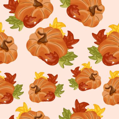 Düz şekilli, yuvarlak turuncu bir balkabağı, kıvrık bir kuyruğu ve renkli sonbahar yapraklarıyla sonbahar tasarımları, kartlar veya ambalajları için pastel arka planda kusursuz bir desen.