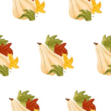 Uzun beyaz bir balkabağı ve yanında renkli sonbahar yaprakları olan düz stil desen, sonbahar tasarımları, kartlar veya ambalajlar için