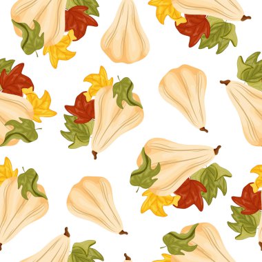 Uzun beyaz bir balkabağı ve yanında renkli sonbahar yaprakları ile düz bir desen, sonbahar tasarımları, kartlar veya ambalaj için