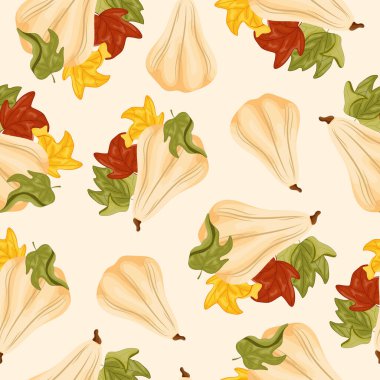 Uzun beyaz bir balkabağı ve rengarenk sonbahar yapraklarıyla, sonbahar tasarımları, kartlar ya da ambalajlar için pastel arka planda düz bir desen.