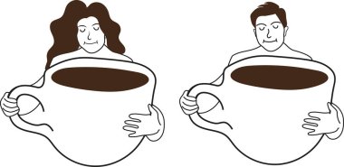 Sanat tarzında büyük kahve fincanları olan bir grup insan.