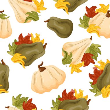 Farklı şekillerde yuvarlak balkabakları ve yanında renkli sonbahar yaprakları ile düz bir desen, sonbahar tasarımları, kartlar veya ambalaj için