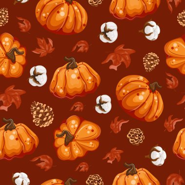 Güz tasarımları, kartlar veya ambalajlar için kırmızı zemin üzerinde benekli, çam kozalaklı ve pamuklu yuvarlak sonbahar balkabaklarından oluşan kusursuz bir desen.