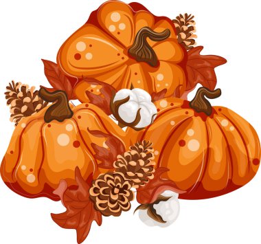 Sonbahar kompozisyonu, sonbahar tasarımları, kartlar veya ambalajlar için benekli, çam kozalaklı ve pamuklu yuvarlak sonbahar balkabakları seti.