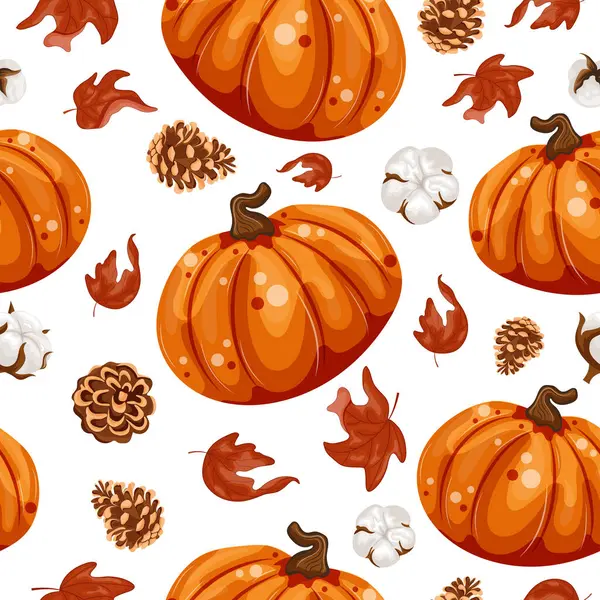 Noktalı, pamuklu ve çam kozalaklı yuvarlak sonbahar balkabağı desenleri, sonbahar tasarımları, kartlar veya ambalajlar için çizgi film tarzında