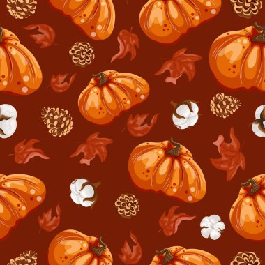 Sonbahar desensiz yuvarlak turuncu balkabakları, kozalaklı pamuk çiçekleri kırmızı arka planda, sonbahar tasarımları, desenleri veya kartları için