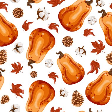 Sonbahar tasarımları, desenler veya kartlar için, çizgi film tarzında, yuvarlak turuncu balkabaklarının dikişsiz sonbahar deseni