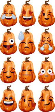 Sosyal ağlar ve çeşitli tatil tasarımları için uzun yarı dairesel bir balkabağı üzerinde çeşitli yüz ifadeleri olan bir dizi ifade.