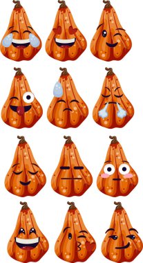 Sosyal medya ve çeşitli tatil tasarımları için uzun turuncu bir balkabağı üzerinde çeşitli yüz ifadeleri olan yüz ifadeleri.