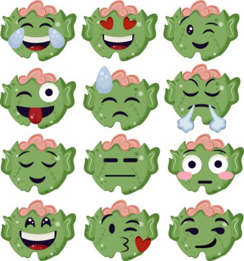 Zombi yüzlerinde çeşitli duygulara sahip geniş bir ifade seti, Cadılar Bayramı için stilize edilmiş simgeler. Sosyal ağlar için, tatil süslemelerindeki çıkartmalar