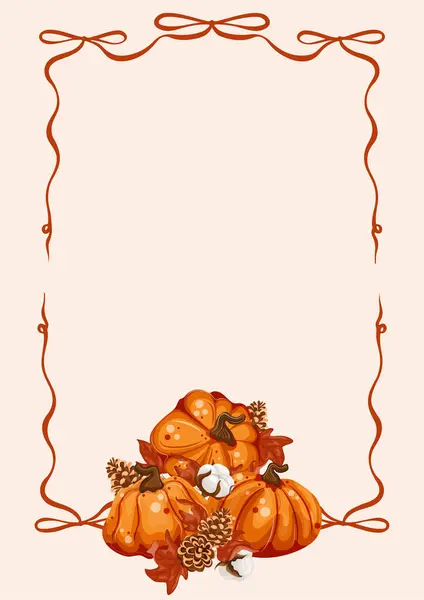 Sonbahar tebrik kartı ya da poster tasarımları için şablon parlak balkabakları, koniler, sonbahar yaprakları ve pamuk çiçekleri hafif arka planda fiyonklu güzel bir çerçeveye sahip.