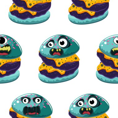 Cadılar Bayramı yemekleriyle desenli, yani çedar peynirli hamburgerler korkunç canavarlar şeklinde, Cadılar Bayramı posterleri, desenleri ya da diğer tatil tasarımları için.