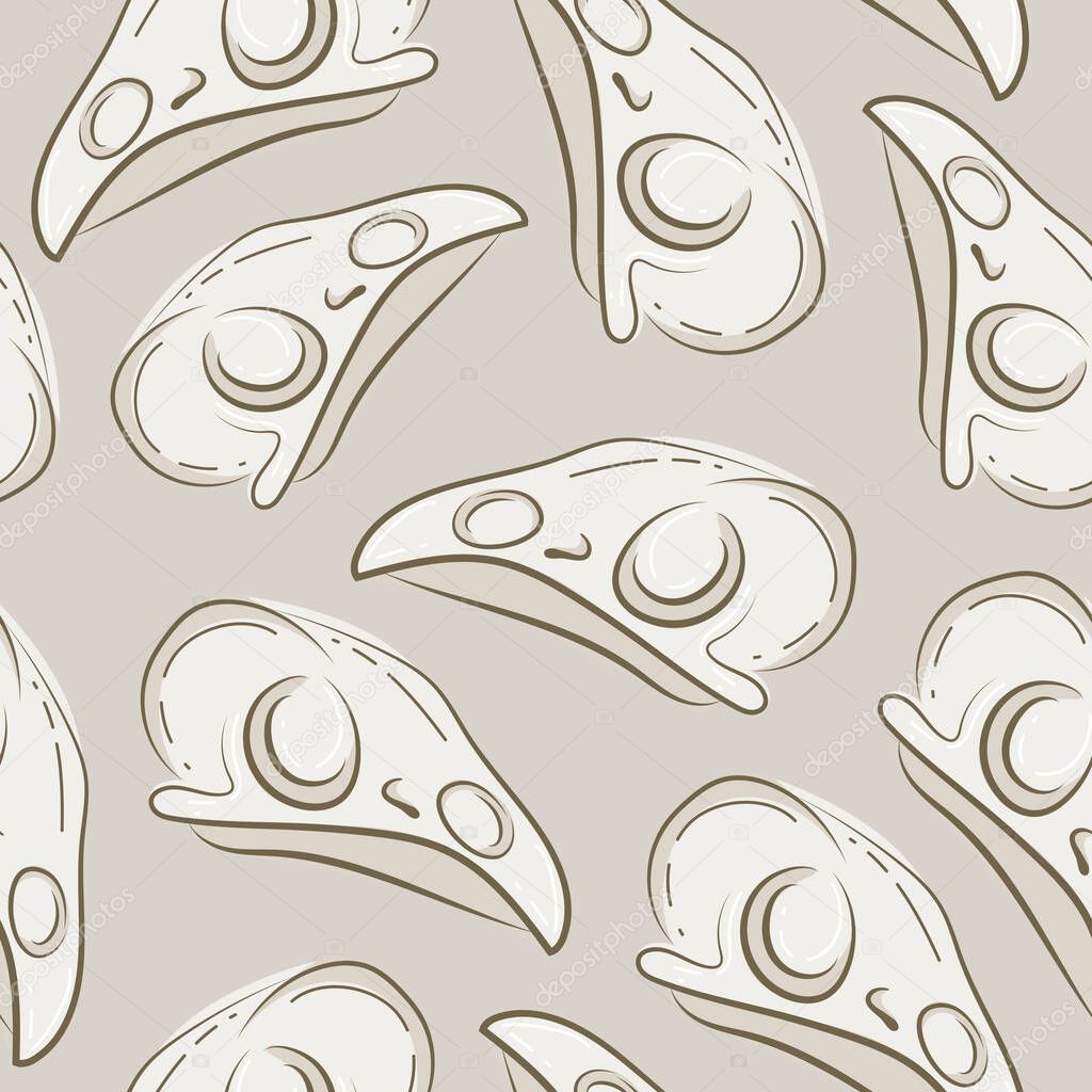 Seamless pattern with colorful bird skull icons in light colors with hollows and various cracks on a light background, suitable for gothic or Halloween designs