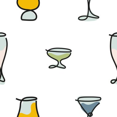 Renkli hatlar ve soyut noktalar, ambalaj, tekstil veya web siteleri için çizilmiş alkollü ve alkolsüz içecekler için farklı şekillerde geniş bir desen.