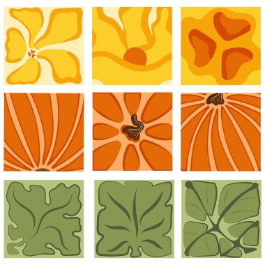 Sonbahar tasarımları için kabak temalı mozaik şekilli ikonlar, yani turuncu balkabakları, yapraklar ve sarı çiçekler.
