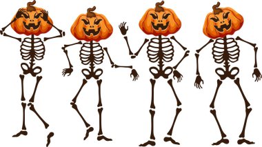 Farklı pozlarda iskeletler ve ürkütücü gülümseme yerine Cadılar Bayramı balkabakları, Cadılar Bayramı dekorasyonu.