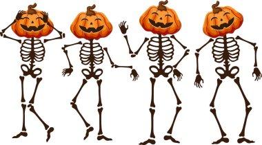 Cadılar Bayramı 'nda kafaları farklı pozlarda değil de gülümseyen balkabaklarıyla kemiklerden yapılmış dans eden iskeletler. Cadılar Bayramı için dekor.