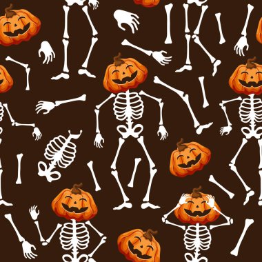 Cadılar Bayramı 'nda kafaları farklı pozlarda, kahverengi bir arka planda, Cadılar Bayramı tatili için dekorasyon yapmak yerine, balkabaklarıyla kemikten yapılmış kusursuz dans iskeletleri.