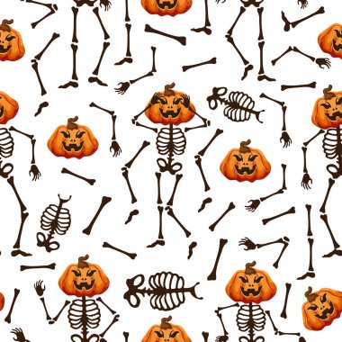 Farklı pozlarda kusursuz iskeletler ve ürkütücü sırıtan kafalar yerine Cadılar Bayramı balkabakları, Cadılar Bayramı dekorasyonu.