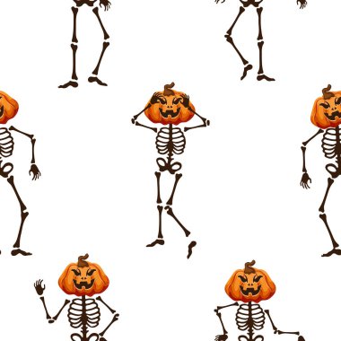 İskelet desenleri farklı pozlarda ve Cadılar Bayramı balkabakları yerine ürkütücü gülümsemeler, Cadılar Bayramı dekorasyonu.