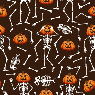 Kahverengi arka planda dans edercesine neşeli balkabaklarıyla kusursuz iskelet desenleri, Cadılar Bayramı tatili için dekorasyon.