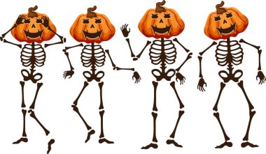 Mutlu balkabaklı iskeletler dans ediyormuş gibi komik pozlar veriyorlar, Cadılar Bayramı dekoru.