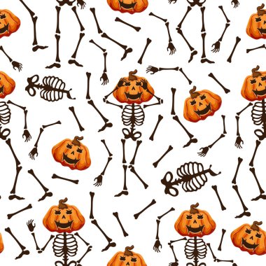 Mutlu balkabaklarıyla kusursuz iskelet desenleri. Sanki dans ediyorlarmış gibi komik pozlar. Cadılar Bayramı dekorasyonu.