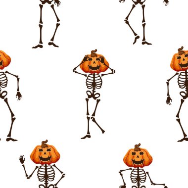 Mutlu balkabaklı iskelet desenleri dans ediyormuş gibi komik pozlar veriyor, Cadılar Bayramı dekoru.