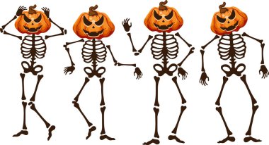 Kafaları farklı pozlarda, Cadılar Bayramı için dekorasyon yapmak yerine korkutucu Cadılar Bayramı balkabaklarıyla kemikten yapılmış iskeletler.