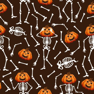 Farklı pozlarda kusursuz iskeletler ve kafaları yerine Cadılar Bayramı balkabakları kahverengi bir arka planda ürkütücü bir şekilde sırıtıyor.