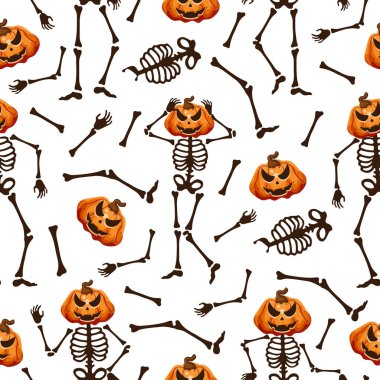 Cadılar Bayramı için farklı pozlar vermek yerine tuhaf balkabaklarıyla kemikten yapılmış kusursuz iskelet desenleri, Cadılar Bayramı tatili için dekorasyon.