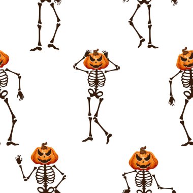 Cadılar Bayramı için farklı pozlar vermek yerine tuhaf balkabaklarıyla kemiklerden yapılmış iskelet desenleri. Cadılar Bayramı için dekorasyon.