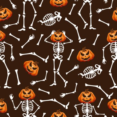 Cadılar Bayramı 'nda kafaları farklı pozlarda, kahverengi bir arka planda, Cadılar Bayramı için dekorasyon yapmak yerine kemikten yapılmış kusursuz iskelet desenleri.