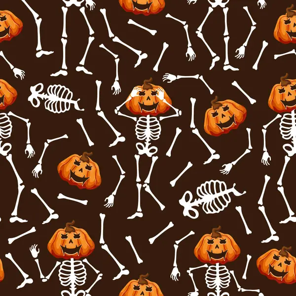 Farklı pozlarda kusursuz iskeletler ve kafaları yerine Cadılar Bayramı balkabakları kahverengi bir arka planda ürkütücü bir şekilde sırıtıyor.