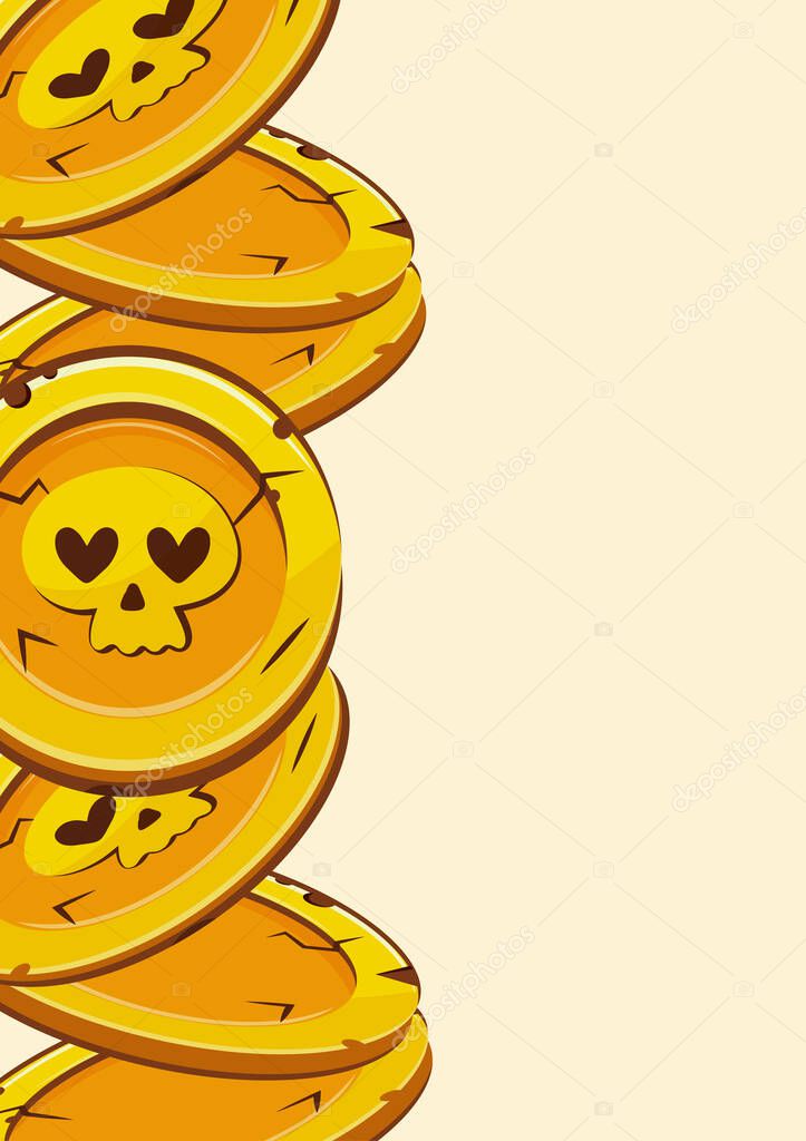 Poster of gold coins with Halloween skulls with a loving facial expression on a yellow background, coins for game, icons or other gaming sites