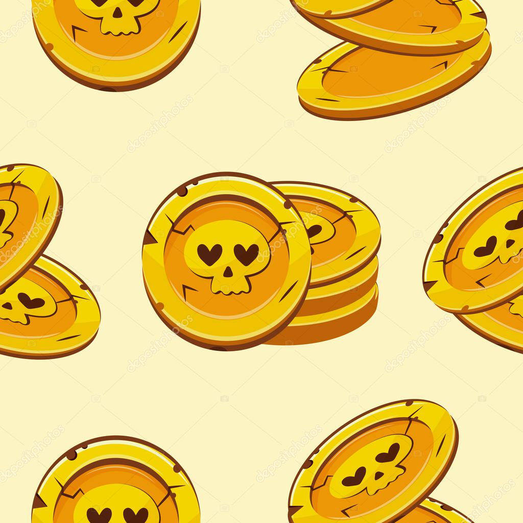 Seamless pattern of gold coins with Halloween skulls with a loving facial expression on a yellow background, coins for game, icons or other gaming sites