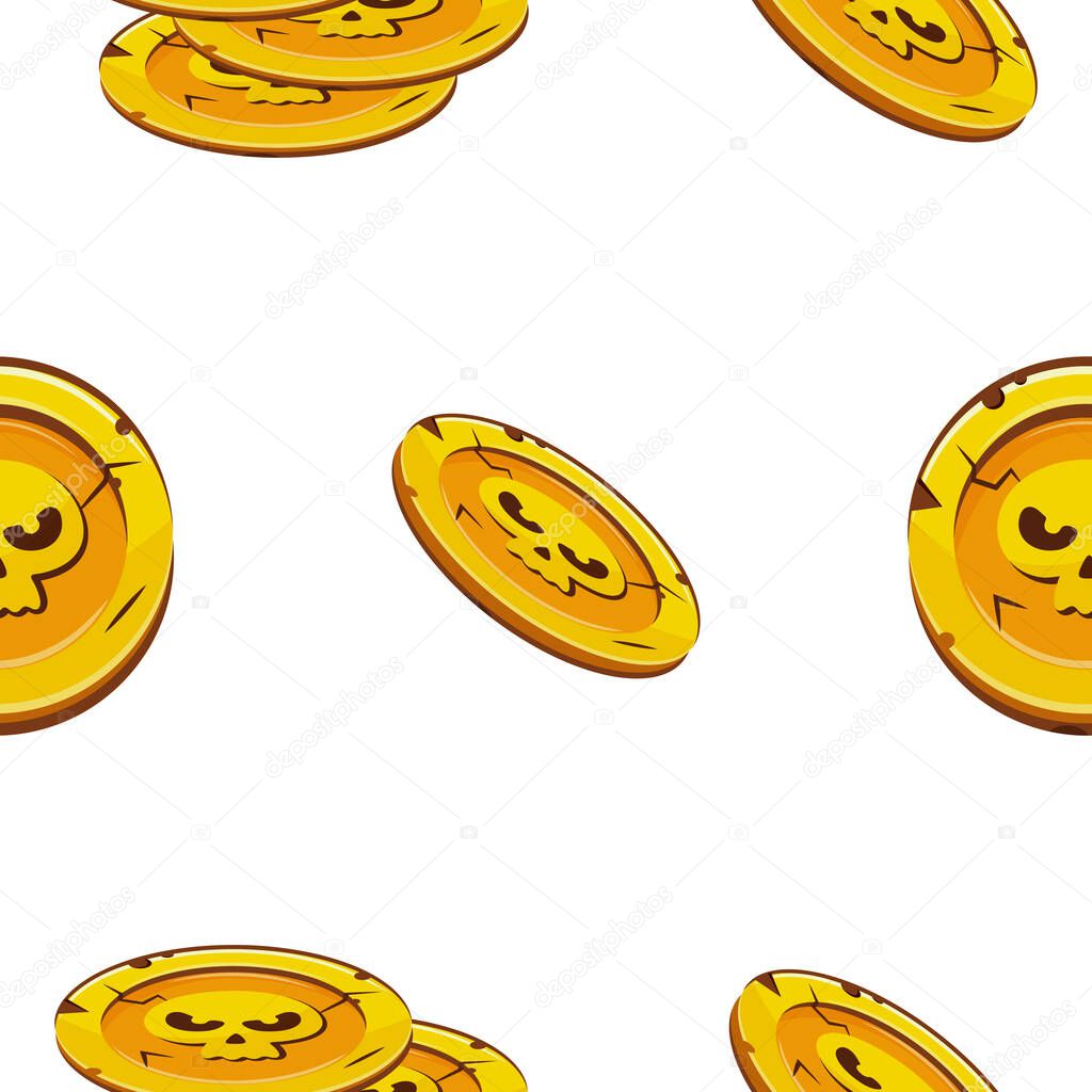 Pattern with gold coins slots with Halloween design, namely with skulls with stern facial expressions, coins for the game, icons or other game designs